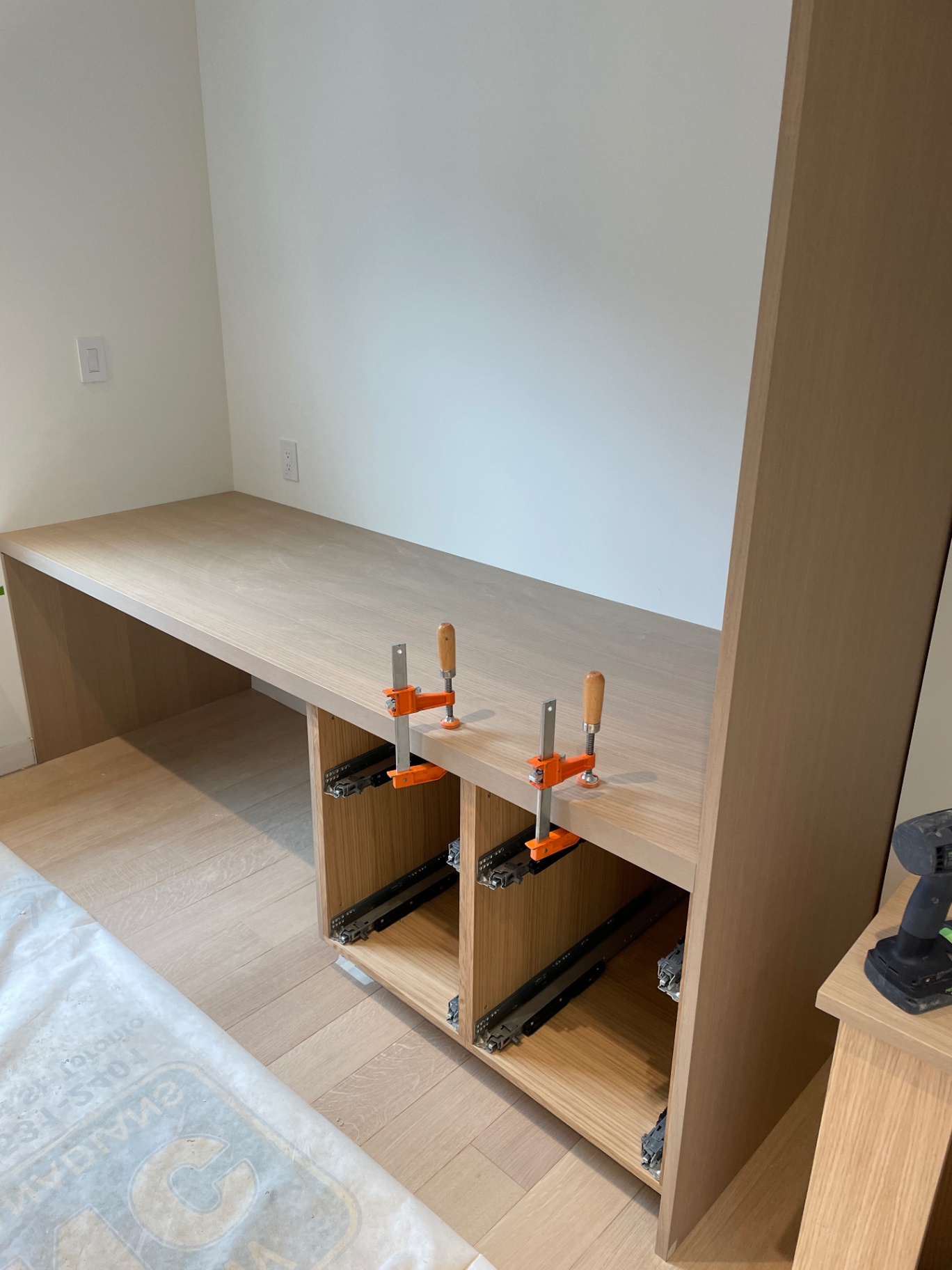 Vanity top clamped down during glue-up