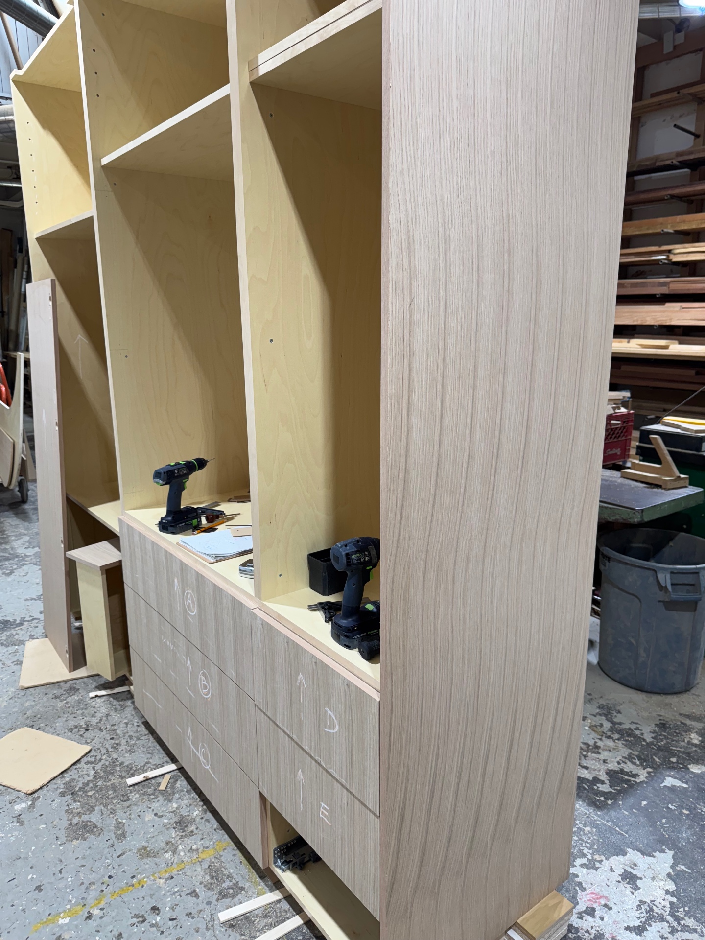 Side gable of the closet showing the continuous oak-veneer face