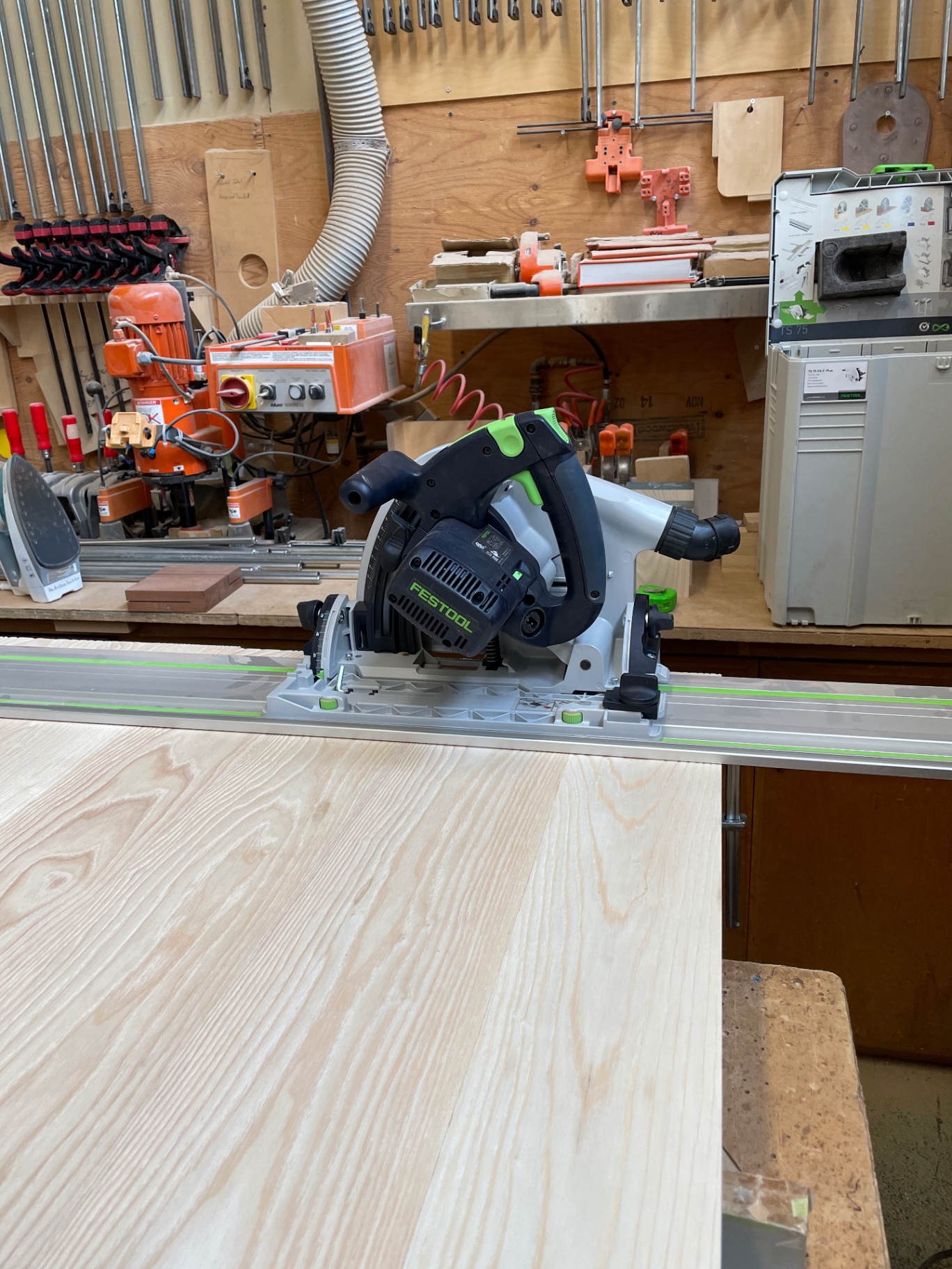 Festool track saw squaring the edge of the glued ash slab