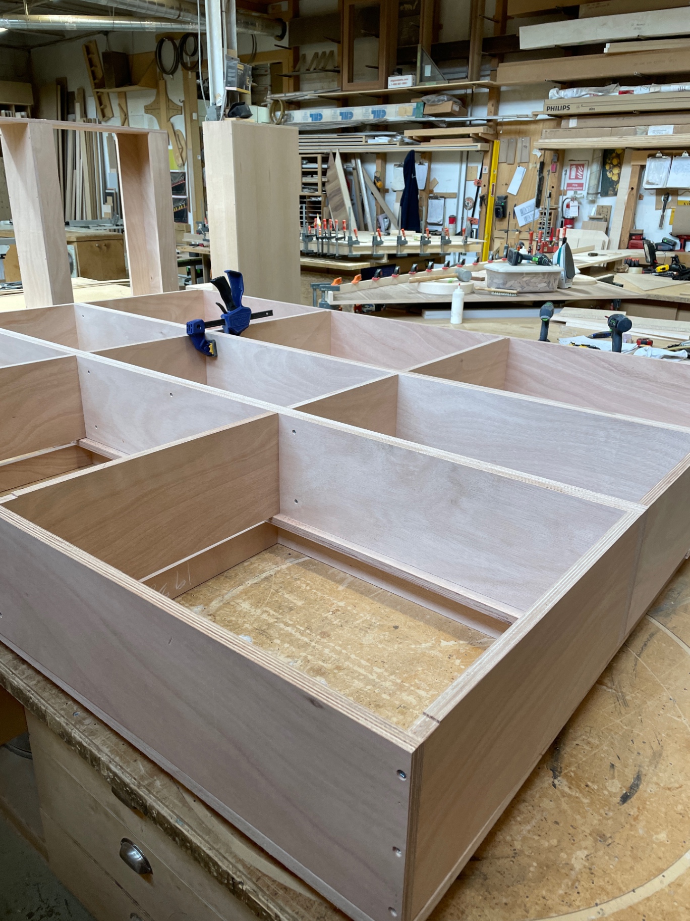 Divided plywood storage bays that sit beneath the slats