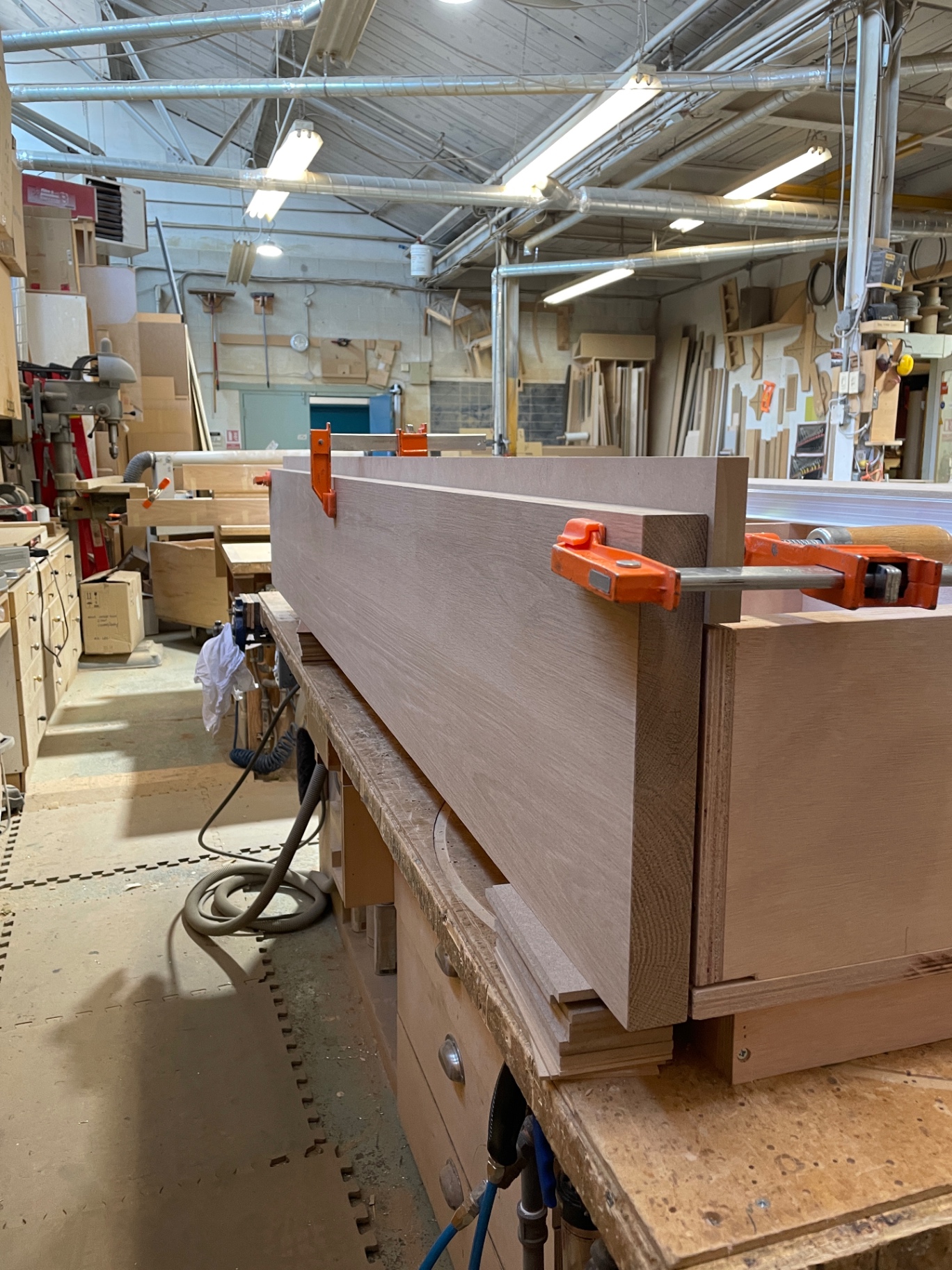 Oak side rail edge-glued and clamped up in the atelier