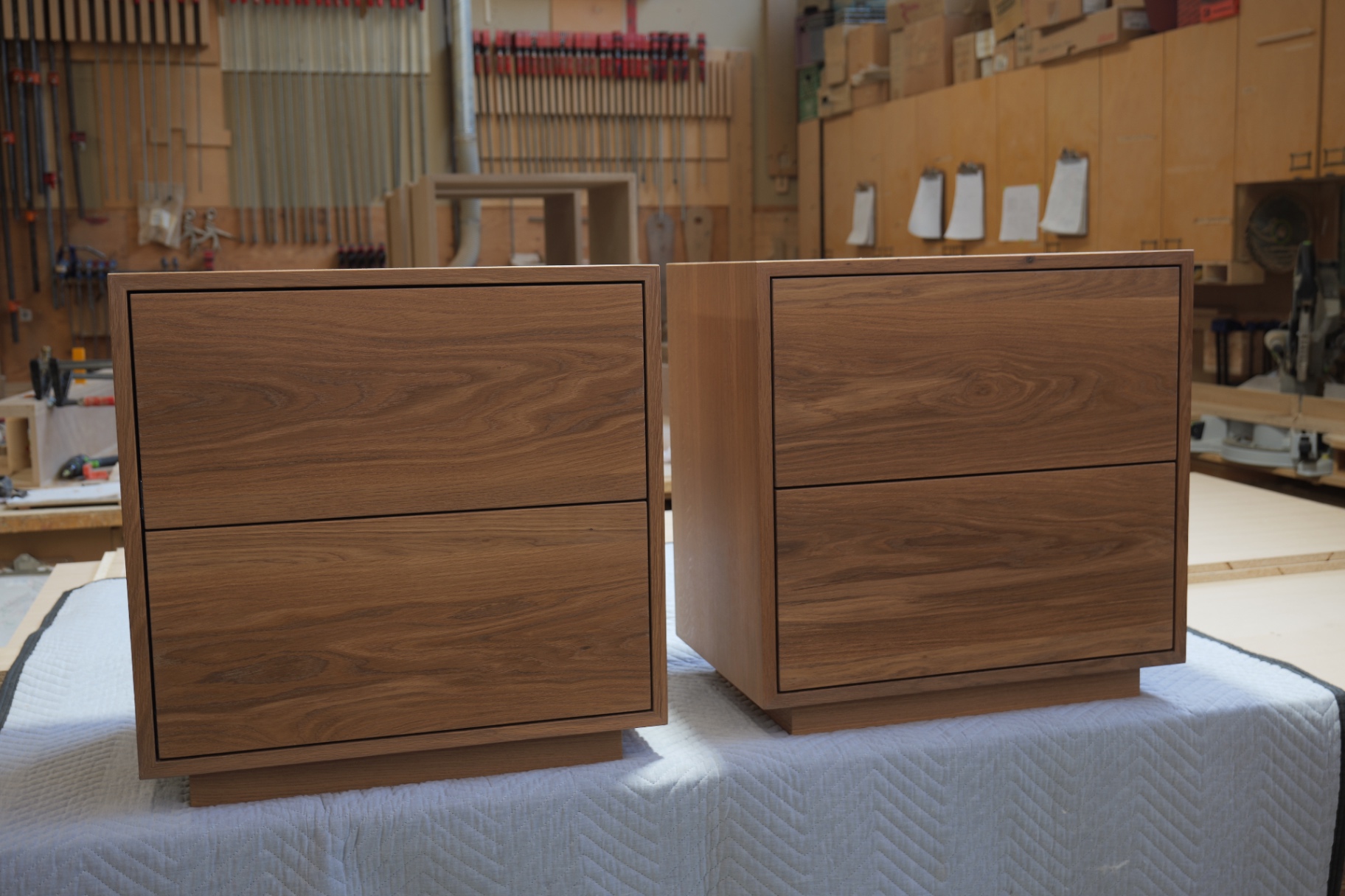 Pair of solid oak nightstands, front view